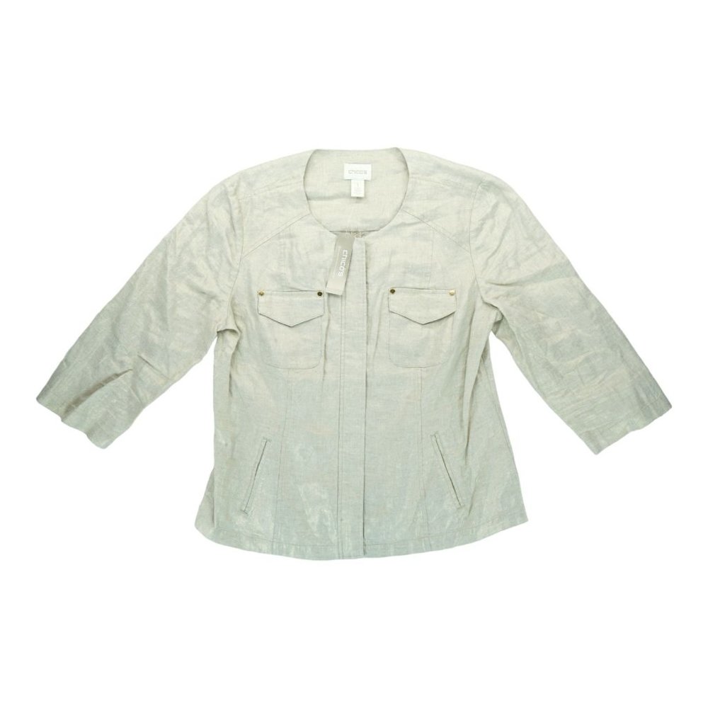 NWT Chicos Women’s 1 Foiled Linen Shine Jacket Pockets Collarless 3/4 Sleeve